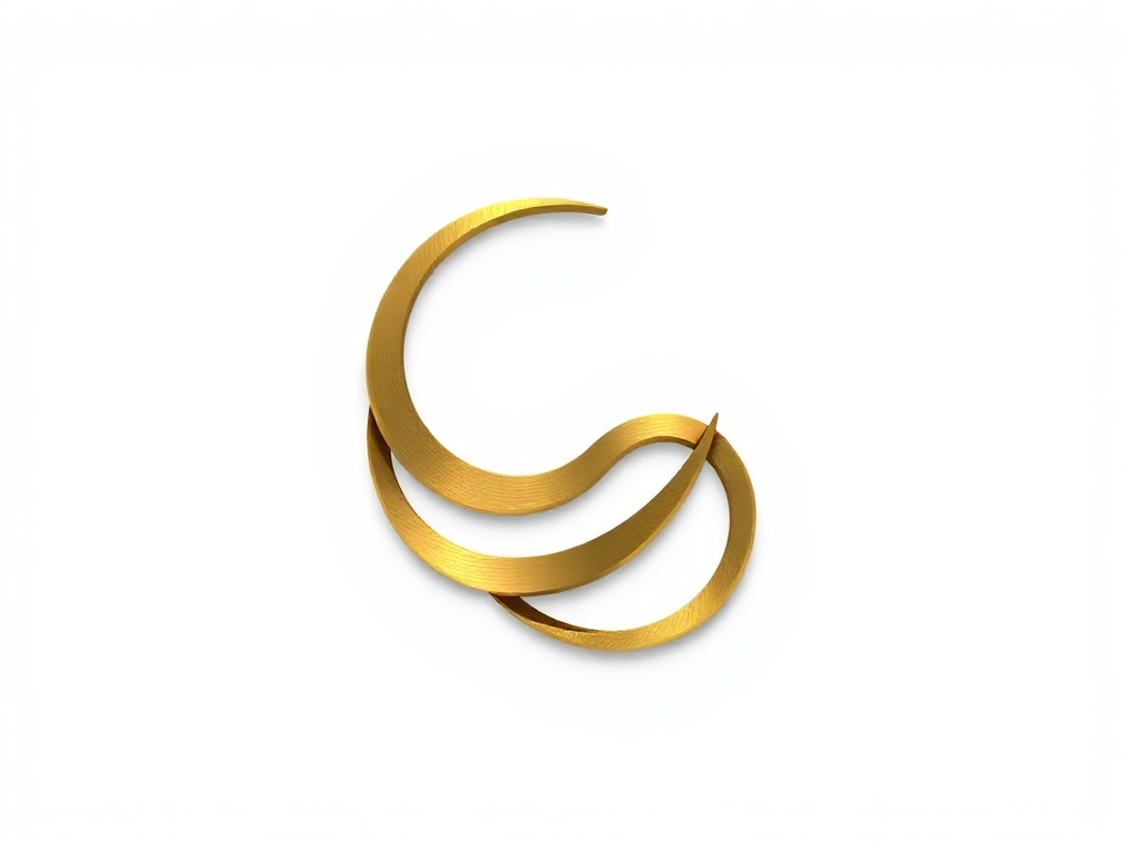 Abstract geometric logo shape: an elegant stylized letter 'E' with a subtle infinity twist, matte gold finish, white background, photorealistic 8k.